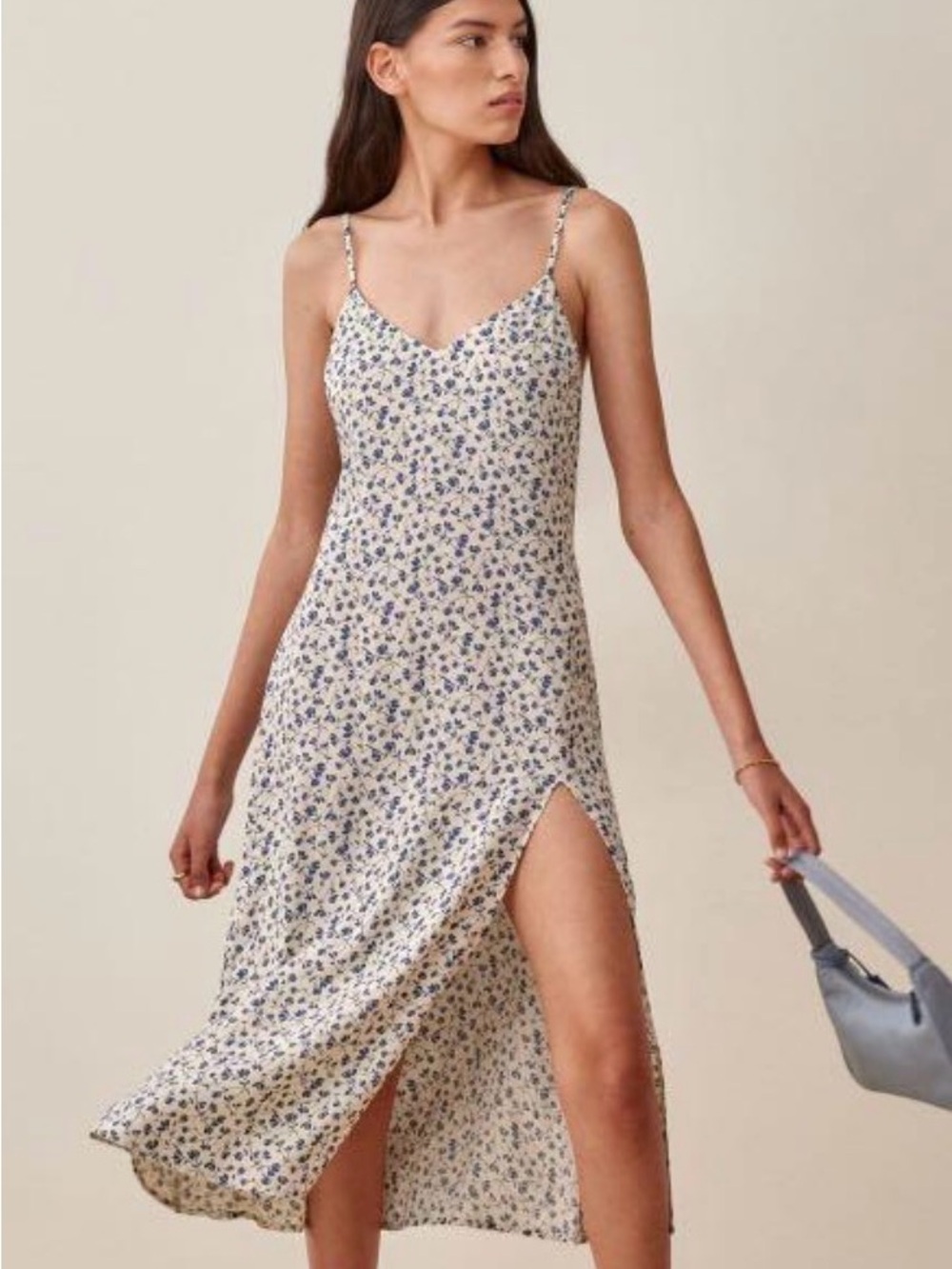 Reformation Crimini Cream Slip Midi Dress with Blue Floral Print